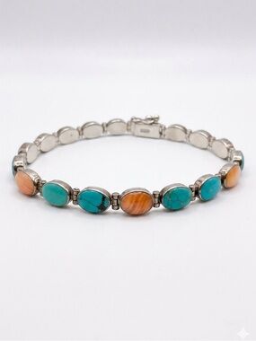 Vintage Sterling Silver Turquoise & Spiny Oyster Link Tennis Bracelet